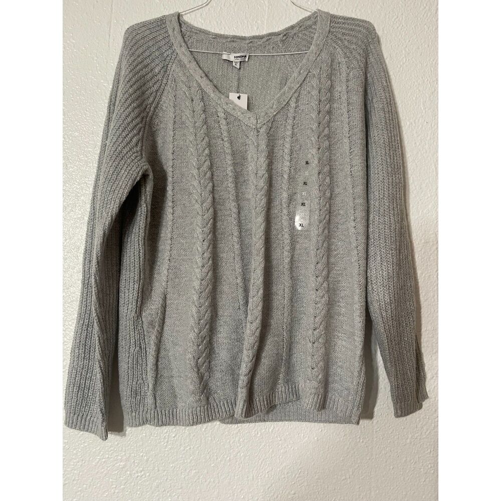 Sonoma Goods For Life NWT Womans XL Gray Cable Knit V-Neck Sweater